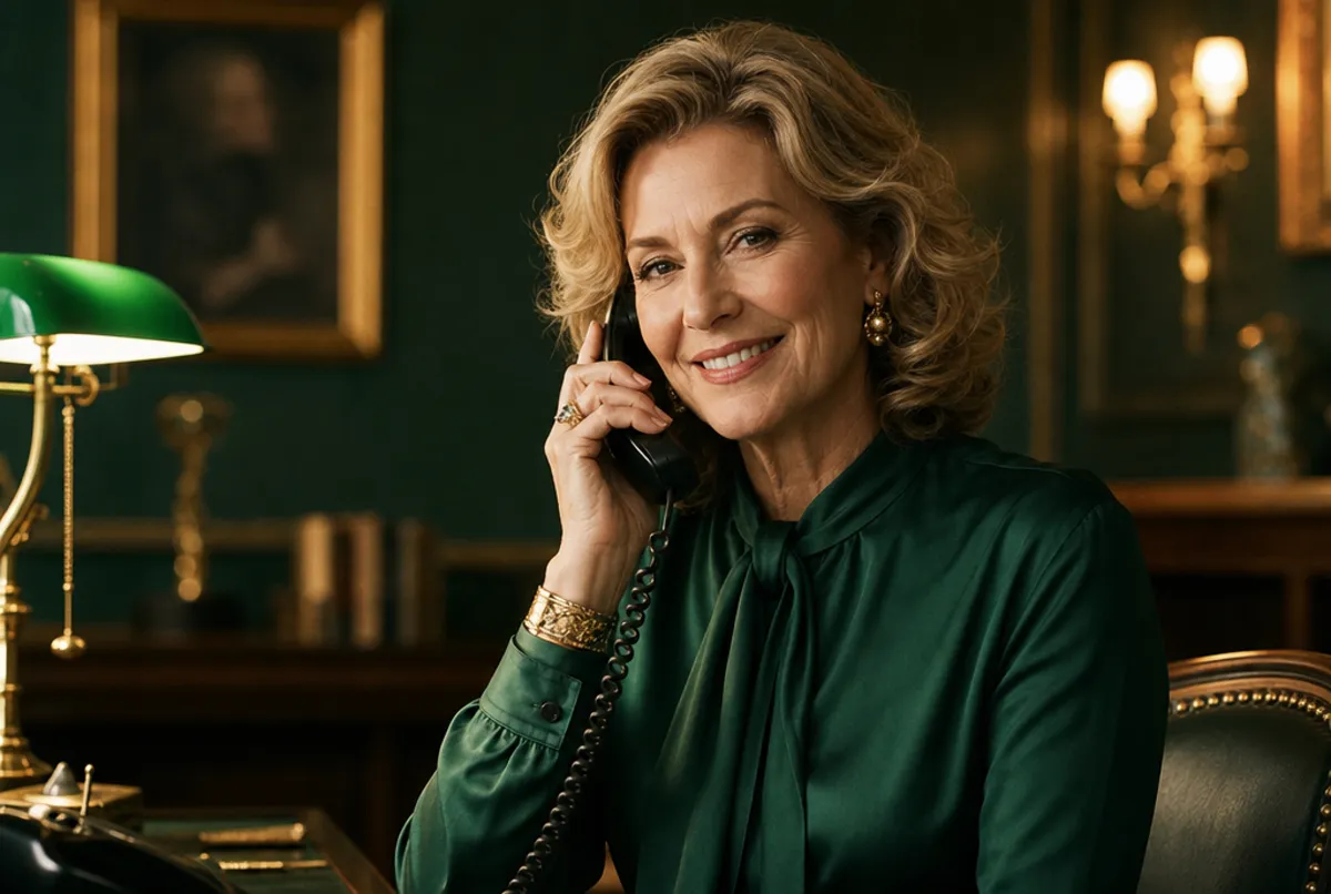 Attraktive elegante reife Frau mit warmem Lächeln am Telefon, Emerald-Gold-Licht